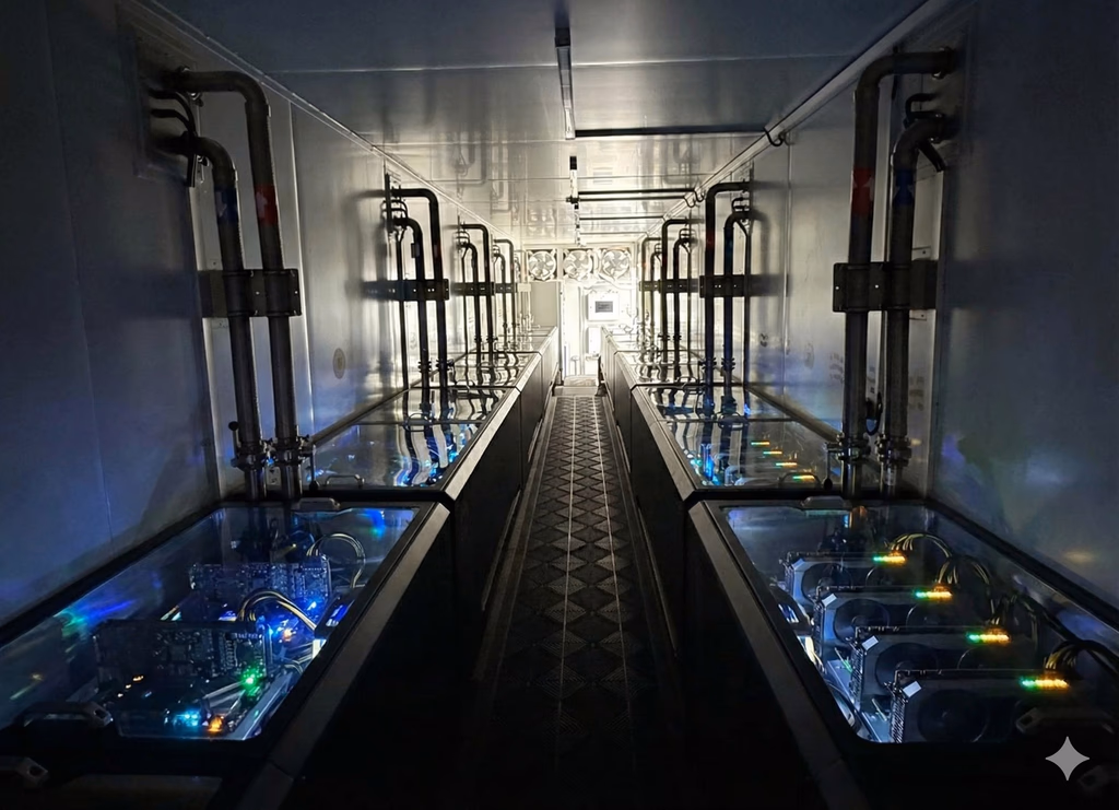 Inside a Kala Data modular unit: rows of immersion-cooling tanks with compute hardware submerged in dielectric fluid, lit by blue and green LEDs