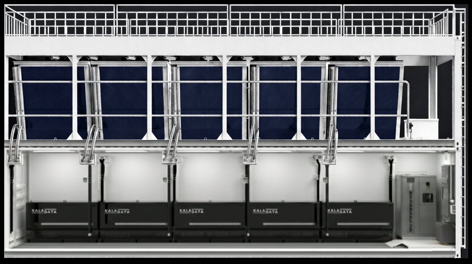 Inside the Kala Data modular unit: ten black immersion tanks branded Kala Data, with cooling pipework and rooftop heat-rejection panels