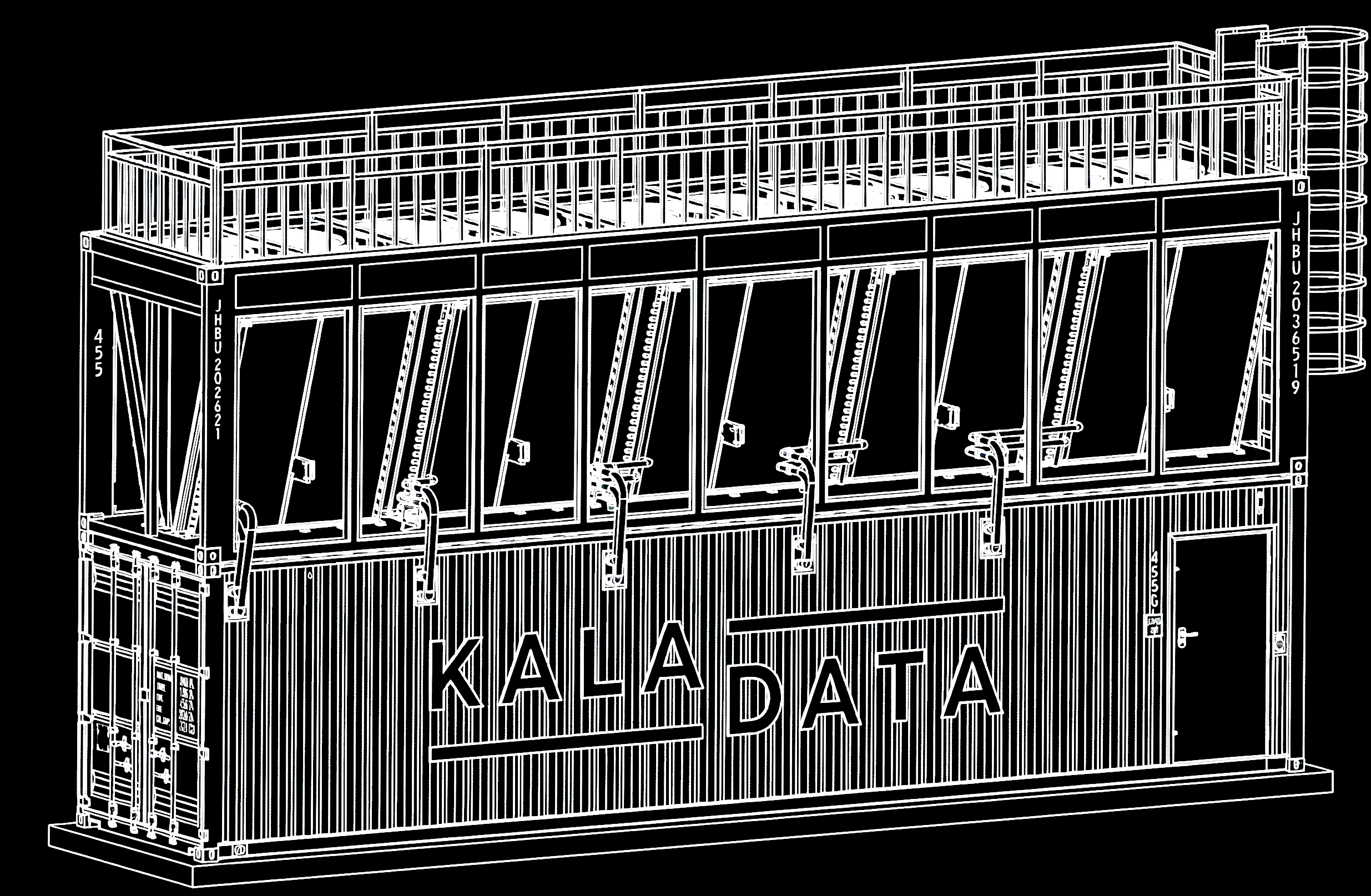 Engineering wireframe of a Kala Data modular containerised compute unit, with angled immersion-cooling panels and rooftop infrastructure
